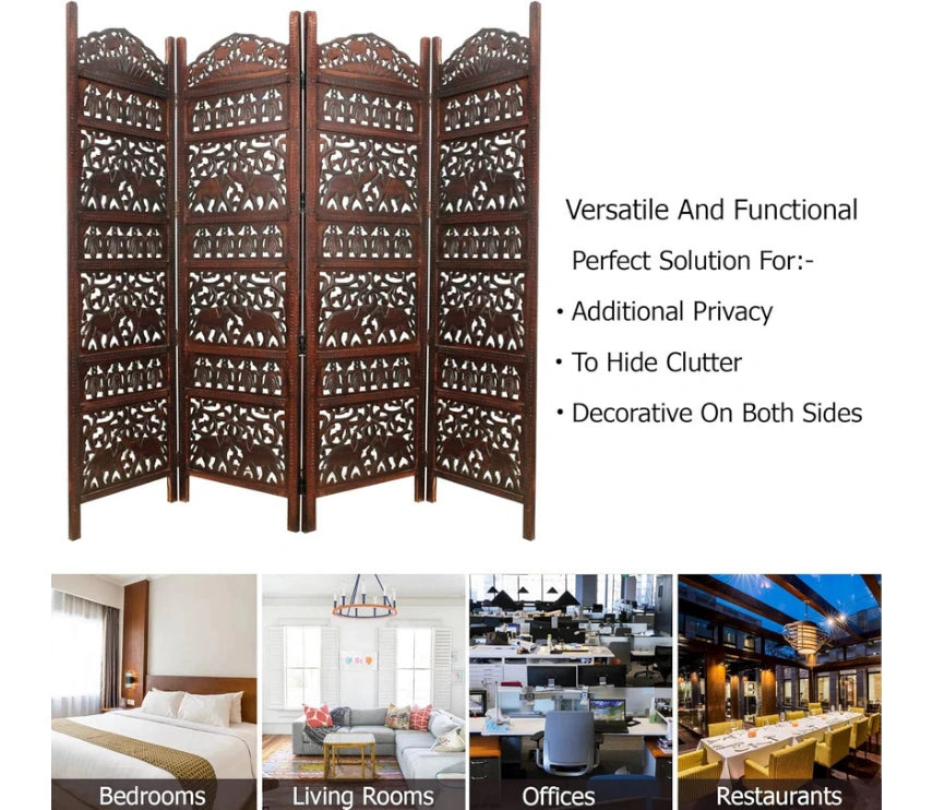 Handcrafted Wooden Room Divider & Living Room Partition | 4-Panel Solid Mango Wood & MDF Privacy Screen with Intricate Elephant Carvings | Rich Antique Walnut Finish