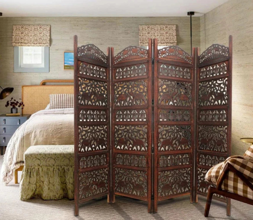 Handcrafted Wooden Room Divider & Living Room Partition | 4-Panel Solid Mango Wood & MDF Privacy Screen with Intricate Elephant Carvings | Rich Antique Walnut Finish