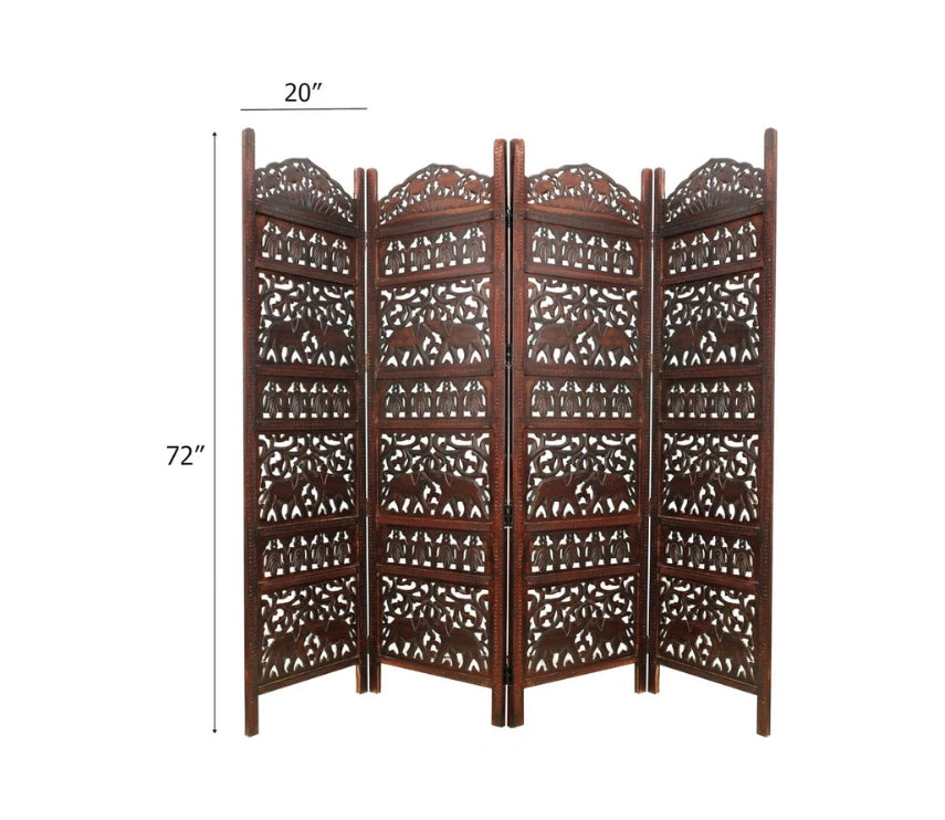 Handcrafted Wooden Room Divider & Living Room Partition | 4-Panel Solid Mango Wood & MDF Privacy Screen with Intricate Elephant Carvings | Rich Antique Walnut Finish