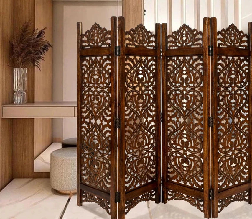 Urbane Crafts Handcrafted Wooden Room Divider & Living Room Partition | 4-Panel Solid Mango Wood & MDF Privacy Screen with Intricate Paisley Heart Carvings | Rich Burnished Walnut Finish