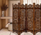 Urbane Crafts Handcrafted Wooden Room Divider & Living Room Partition | 4-Panel Solid Mango Wood & MDF Privacy Screen with Intricate Paisley Heart Carvings | Rich Burnished Walnut Finish