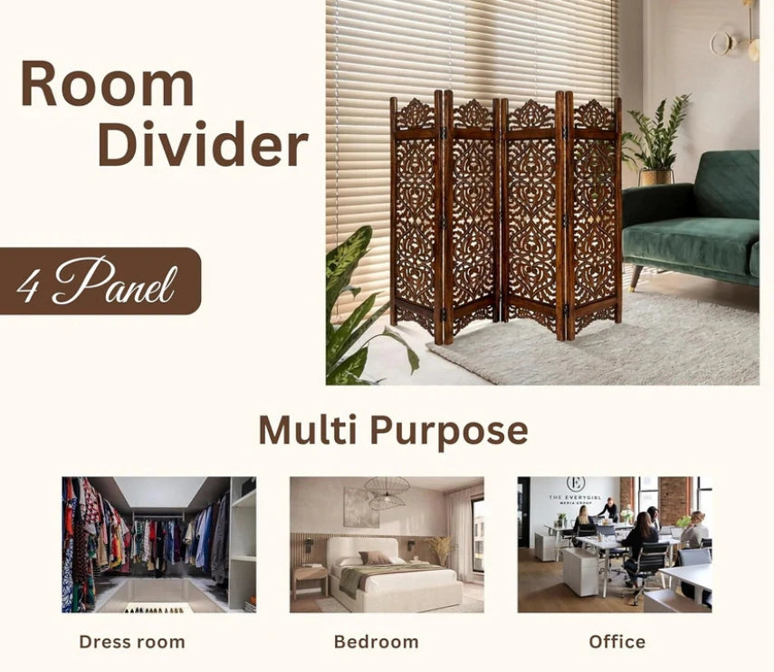 Urbane Crafts Handcrafted Wooden Room Divider & Living Room Partition | 4-Panel Solid Mango Wood & MDF Privacy Screen with Intricate Paisley Heart Carvings | Rich Burnished Walnut Finish