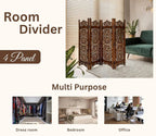 Urbane Crafts Handcrafted Wooden Room Divider & Living Room Partition | 4-Panel Solid Mango Wood & MDF Privacy Screen with Intricate Paisley Heart Carvings | Rich Burnished Walnut Finish