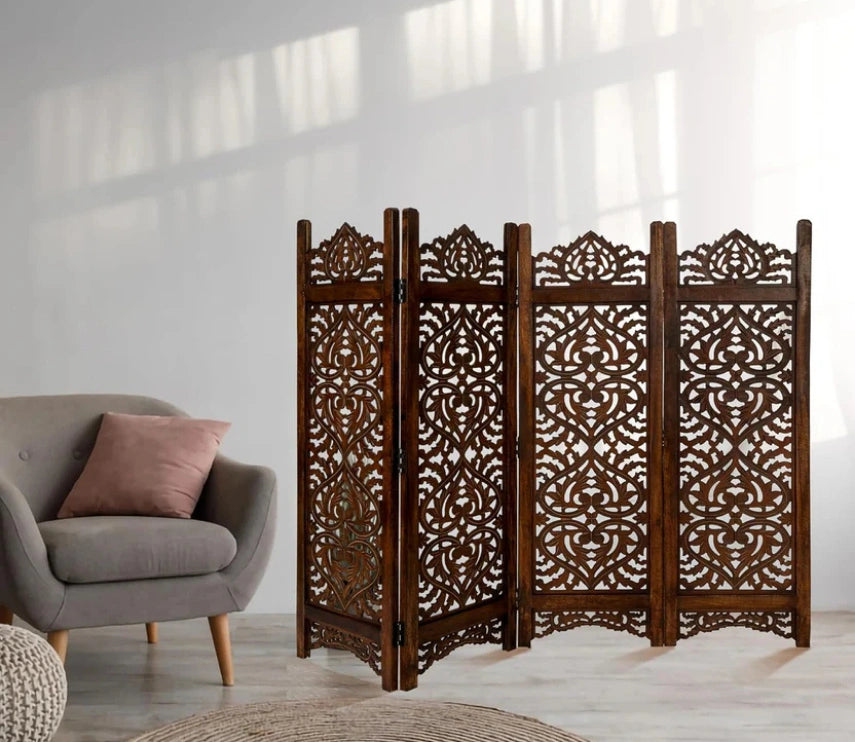 Urbane Crafts Handcrafted Wooden Room Divider & Living Room Partition | 4-Panel Solid Mango Wood & MDF Privacy Screen with Intricate Paisley Heart Carvings | Rich Burnished Walnut Finish