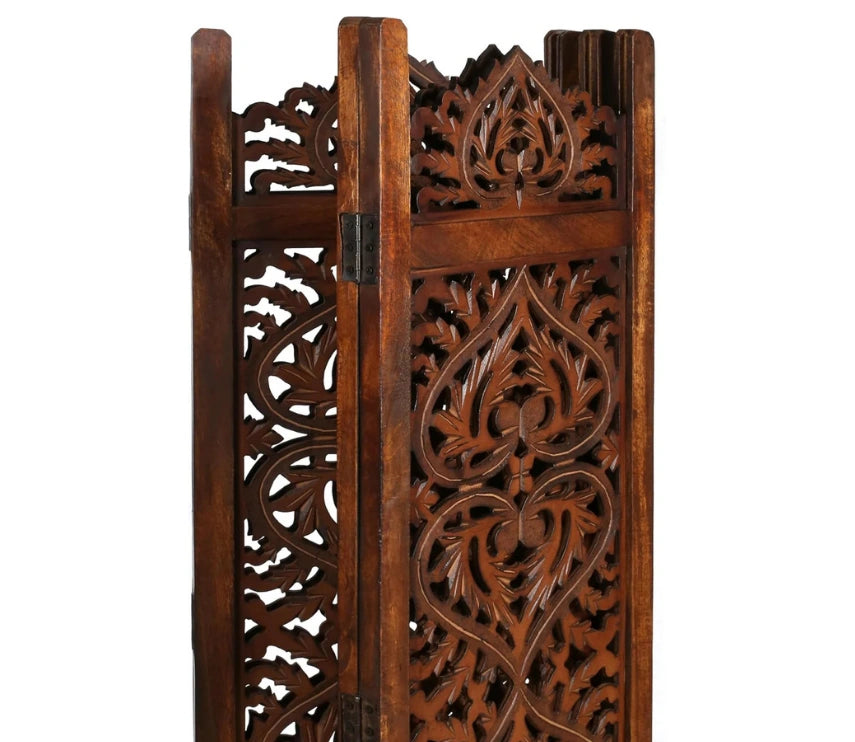 Urbane Crafts Handcrafted Wooden Room Divider & Living Room Partition | 4-Panel Solid Mango Wood & MDF Privacy Screen with Intricate Paisley Heart Carvings | Rich Burnished Walnut Finish