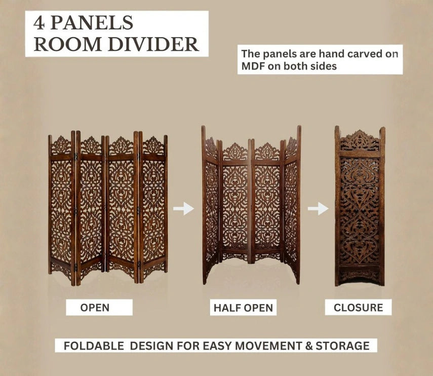 Urbane Crafts Handcrafted Wooden Room Divider & Living Room Partition | 4-Panel Solid Mango Wood & MDF Privacy Screen with Intricate Paisley Heart Carvings | Rich Burnished Walnut Finish