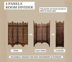 Urbane Crafts Handcrafted Wooden Room Divider & Living Room Partition | 4-Panel Solid Mango Wood & MDF Privacy Screen with Intricate Paisley Heart Carvings | Rich Burnished Walnut Finish