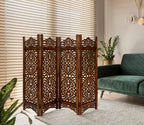 Urbane Crafts Handcrafted Wooden Room Divider & Living Room Partition | 4-Panel Solid Mango Wood & MDF Privacy Screen with Intricate Paisley Heart Carvings | Rich Burnished Walnut Finish