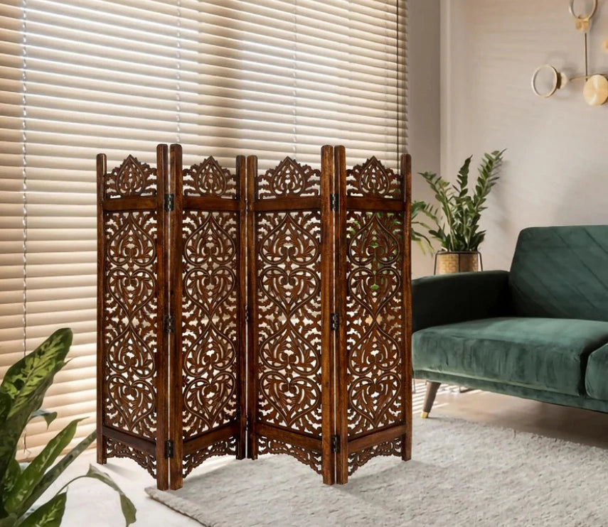 Urbane Crafts Handcrafted Wooden Room Divider & Living Room Partition | 4-Panel Solid Mango Wood & MDF Privacy Screen with Intricate Paisley Heart Carvings | Rich Burnished Walnut Finish