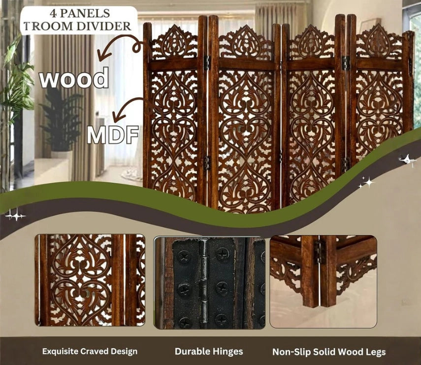 Urbane Crafts Handcrafted Wooden Room Divider & Living Room Partition | 4-Panel Solid Mango Wood & MDF Privacy Screen with Intricate Paisley Heart Carvings | Rich Burnished Walnut Finish