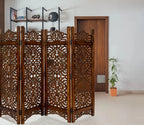 Urbane Crafts Handcrafted Wooden Room Divider & Living Room Partition | 4-Panel Solid Mango Wood & MDF Privacy Screen with Intricate Paisley Heart Carvings | Rich Burnished Walnut Finish