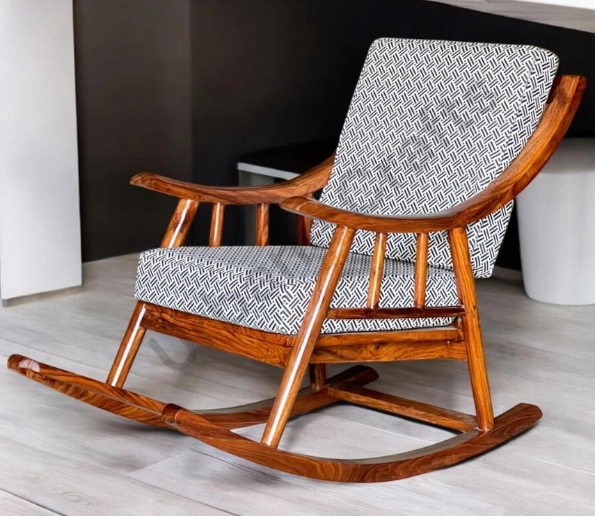 Urbane Crafts Handcrafted Solid Rosewood Cushioned Rocking Chair | Upholstered Wooden Lounge Rocker for Living Room & Relaxation