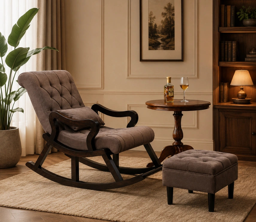 Urbane Crafts Premium Handcrafted Rosewood Rocking Chair with Tufted Cushion & Matching Footrest
