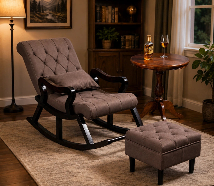 Urbane Crafts Premium Handcrafted Rosewood Rocking Chair with Tufted Cushion & Matching Footrest