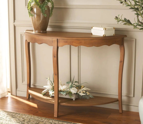 Urbane Crafts Solid Teak Wood Half-Moon Console Table – Vintage Demilune Entryway Table with Scalloped Apron and Storage Shelf