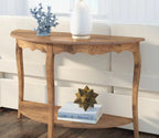 Urbane Crafts Solid Teak Wood Half-Moon Console Table – Vintage Demilune Entryway Table with Scalloped Apron and Storage Shelf