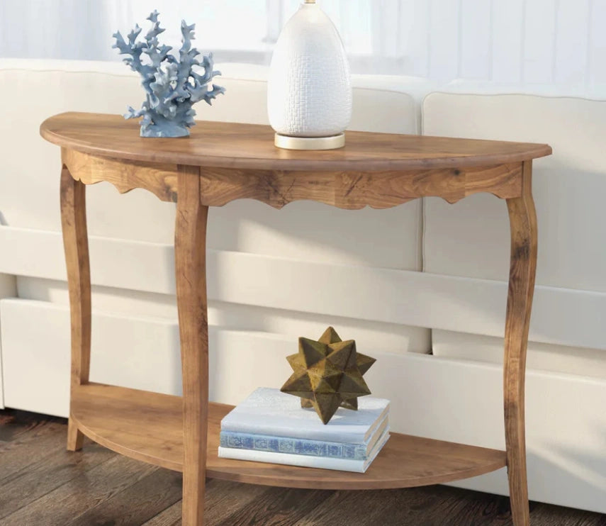 Urbane Crafts Solid Teak Wood Half-Moon Console Table – Vintage Demilune Entryway Table with Scalloped Apron and Storage Shelf