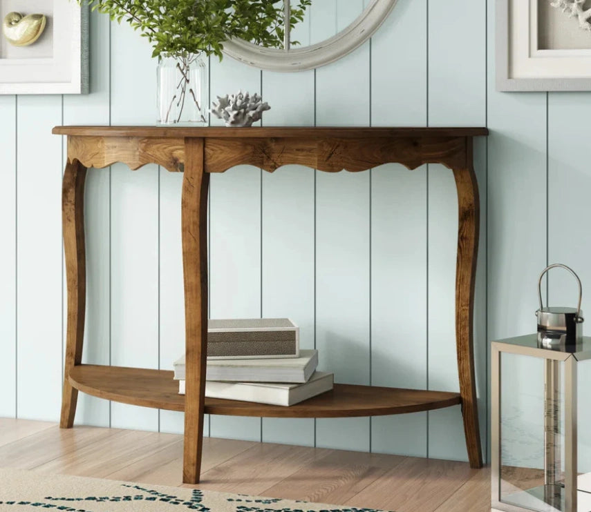 Urbane Crafts Solid Teak Wood Half-Moon Console Table – Vintage Demilune Entryway Table with Scalloped Apron and Storage Shelf