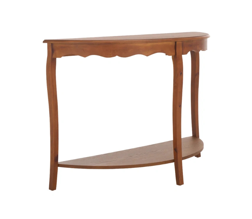 Urbane Crafts Solid Teak Wood Half-Moon Console Table – Vintage Demilune Entryway Table with Scalloped Apron and Storage Shelf