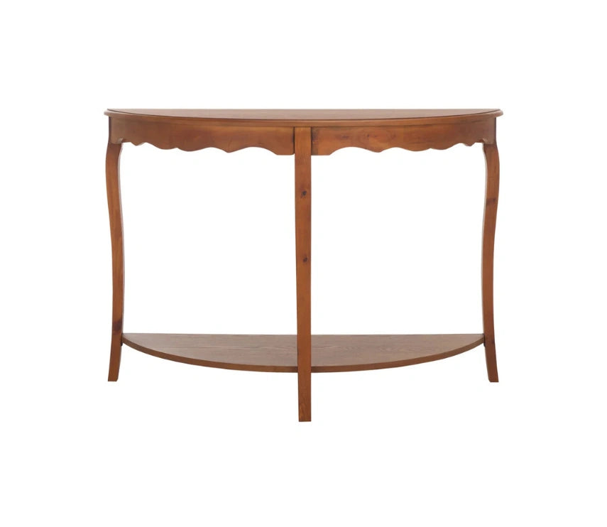 Urbane Crafts Solid Teak Wood Half-Moon Console Table – Vintage Demilune Entryway Table with Scalloped Apron and Storage Shelf