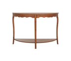 Urbane Crafts Solid Teak Wood Half-Moon Console Table – Vintage Demilune Entryway Table with Scalloped Apron and Storage Shelf