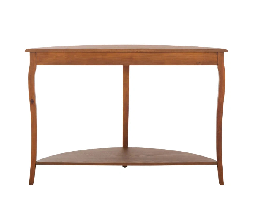 Urbane Crafts Solid Teak Wood Half-Moon Console Table – Vintage Demilune Entryway Table with Scalloped Apron and Storage Shelf