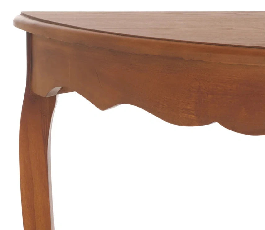 Urbane Crafts Solid Teak Wood Half-Moon Console Table – Vintage Demilune Entryway Table with Scalloped Apron and Storage Shelf