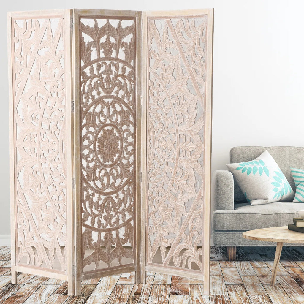 Urbane Crafts 72" Tall (6 Ft) 3-Panel Folding Room Divider – Carved Mandala Openwork Wood Screen, Freestanding Privacy Partition, Whitewashed Natural Finish