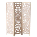 Urbane Crafts 72" Tall (6 Ft) 3-Panel Folding Room Divider – Carved Mandala Openwork Wood Screen, Freestanding Privacy Partition, Whitewashed Natural Finish