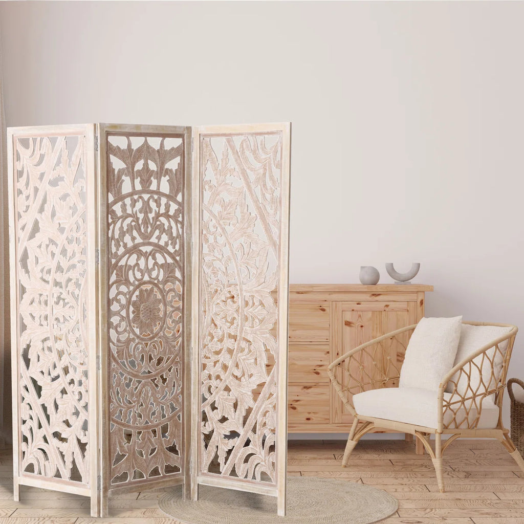 Urbane Crafts 72" Tall (6 Ft) 3-Panel Folding Room Divider – Carved Mandala Openwork Wood Screen, Freestanding Privacy Partition, Whitewashed Natural Finish