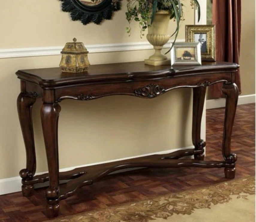 Urbane Crafts Solid Teak Wood Traditional Long Console Table – French Country Entryway Sofa Table with Carved Apron and Curving Stretcher Base