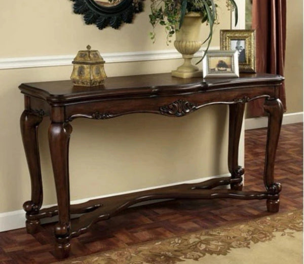 Urbane Crafts Solid Teak Wood Traditional Long Console Table – French Country Entryway Sofa Table with Carved Apron and Curving Stretcher Base