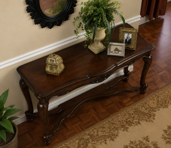 Urbane Crafts Solid Teak Wood Traditional Long Console Table – French Country Entryway Sofa Table with Carved Apron and Curving Stretcher Base