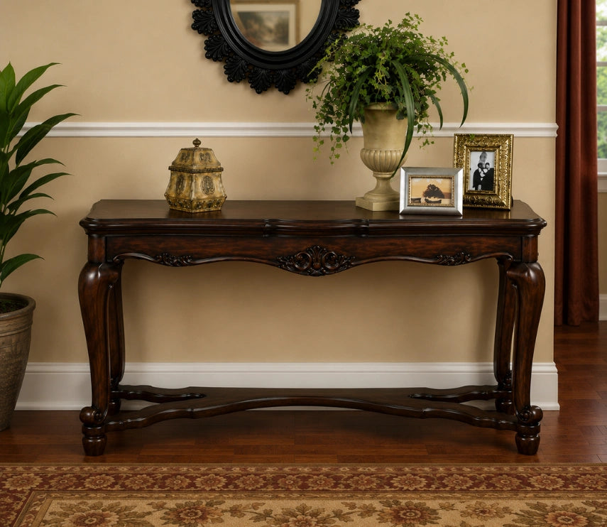 Urbane Crafts Solid Teak Wood Traditional Long Console Table – French Country Entryway Sofa Table with Carved Apron and Curving Stretcher Base