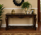 Urbane Crafts Solid Teak Wood Traditional Long Console Table – French Country Entryway Sofa Table with Carved Apron and Curving Stretcher Base