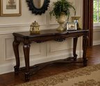 Urbane Crafts Solid Teak Wood Traditional Long Console Table – French Country Entryway Sofa Table with Carved Apron and Curving Stretcher Base