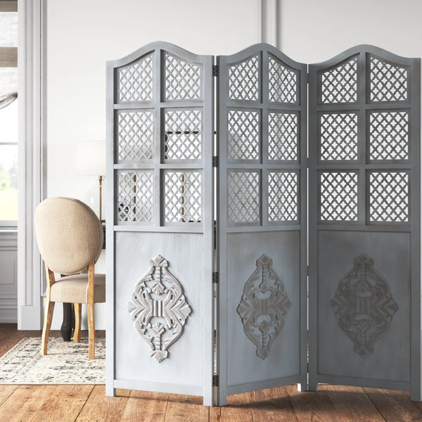 Urbane Crafts 71" Hand-Carved 3-Panel Wood Room Divider, Vintage Distressed Grey Folding Privacy Screen with Lattice Grid & Carved Relief Medallion, Freestanding Decorative Partition for Bedroom & Office