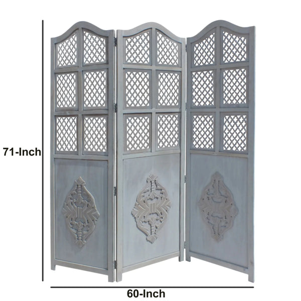Urbane Crafts 71" Hand-Carved 3-Panel Wood Room Divider, Vintage Distressed Grey Folding Privacy Screen with Lattice Grid & Carved Relief Medallion, Freestanding Decorative Partition for Bedroom & Office
