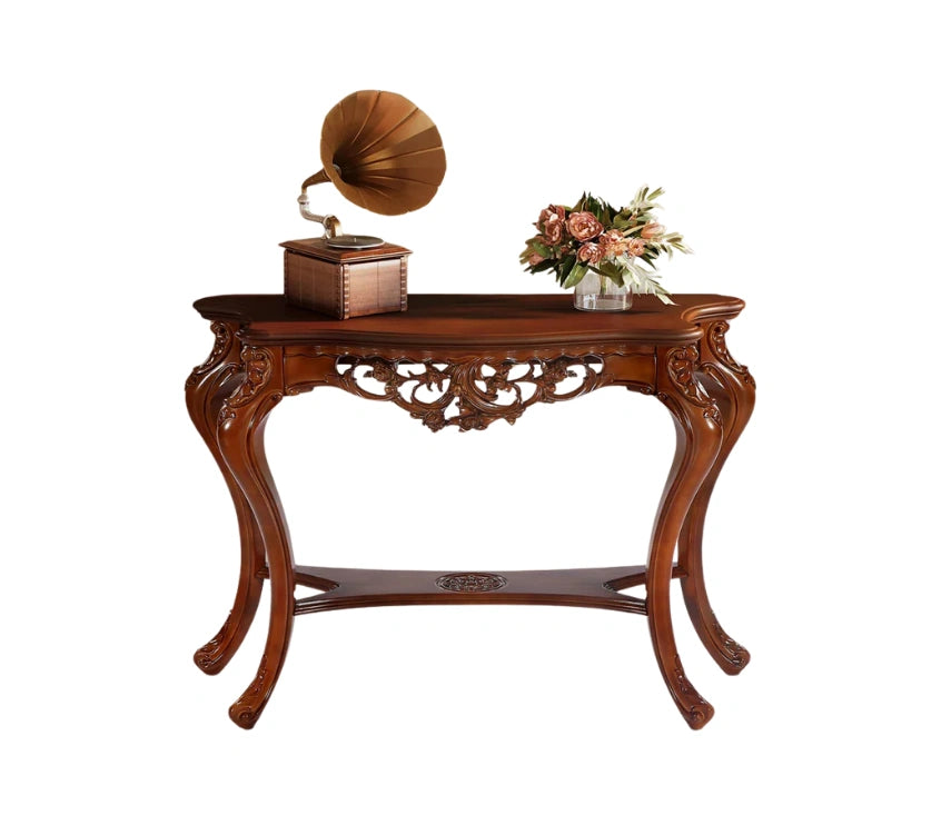 Urbane Crafts Hand-Carved Solid Teak Wood Baroque Console Table – Ornate Rococo Entryway Table with Serpentine Top and Openwork Floral Apron