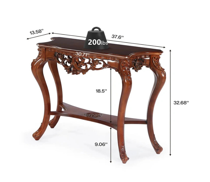 Urbane Crafts Hand-Carved Solid Teak Wood Baroque Console Table – Ornate Rococo Entryway Table with Serpentine Top and Openwork Floral Apron