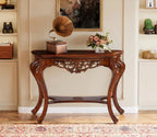 Urbane Crafts Hand-Carved Solid Teak Wood Baroque Console Table – Ornate Rococo Entryway Table with Serpentine Top and Openwork Floral Apron