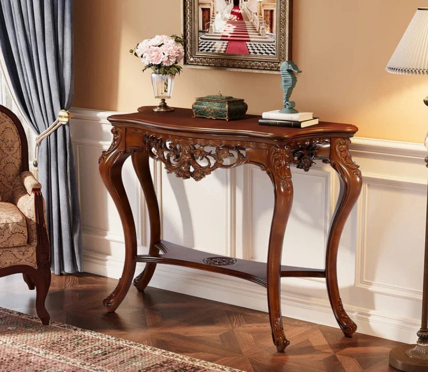 Urbane Crafts Hand-Carved Solid Teak Wood Baroque Console Table – Ornate Rococo Entryway Table with Serpentine Top and Openwork Floral Apron