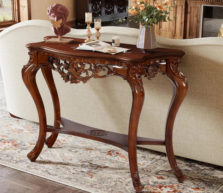 Urbane Crafts Hand-Carved Solid Teak Wood Baroque Console Table – Ornate Rococo Entryway Table with Serpentine Top and Openwork Floral Apron