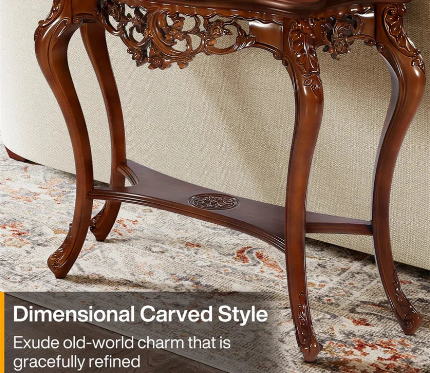 Urbane Crafts Hand-Carved Solid Teak Wood Baroque Console Table – Ornate Rococo Entryway Table with Serpentine Top and Openwork Floral Apron