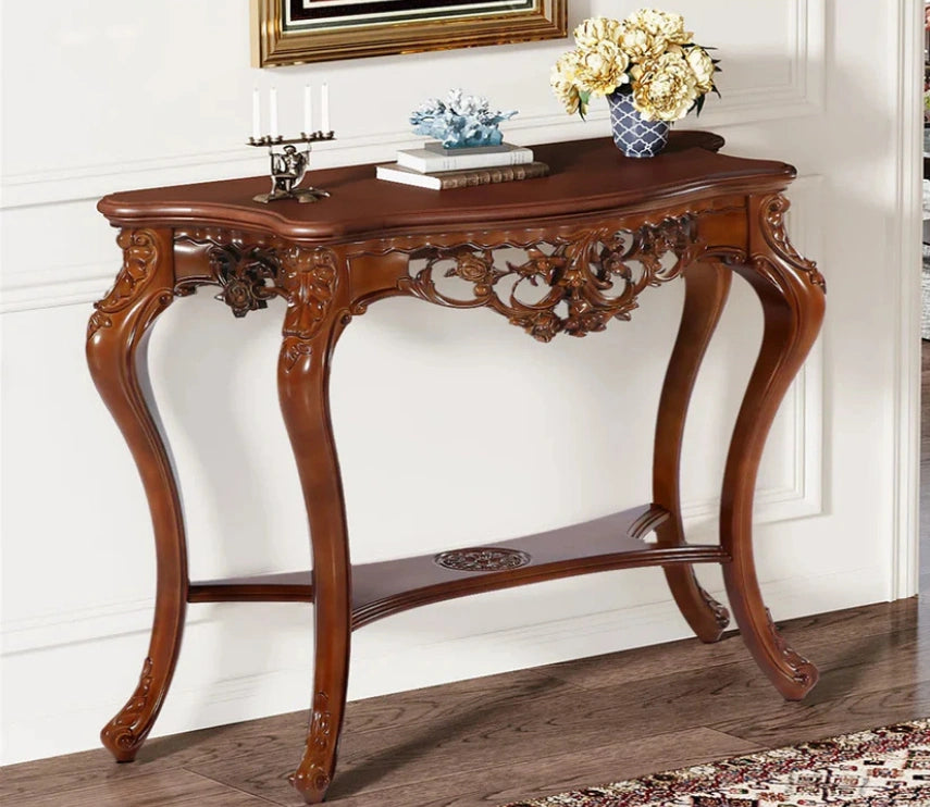Urbane Crafts Hand-Carved Solid Teak Wood Baroque Console Table – Ornate Rococo Entryway Table with Serpentine Top and Openwork Floral Apron