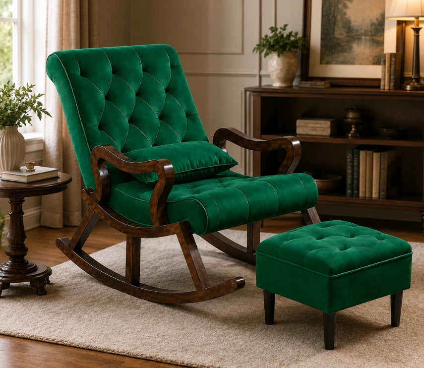 Urbane Crafts Premium Handcrafted Rosewood Rocking Chair with Tufted Cushion & Matching Footrest