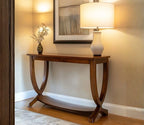 Urbane Crafts Solid Teak Wood Modern Crescent Console Table – Mid-Century Transitional Foyer Table with U-Shaped Curved Legs and Display Shelf