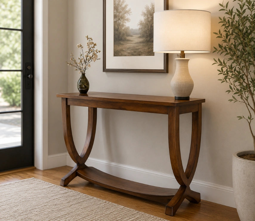 Urbane Crafts Solid Teak Wood Modern Crescent Console Table – Mid-Century Transitional Foyer Table with U-Shaped Curved Legs and Display Shelf