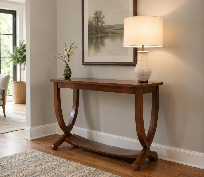 Urbane Crafts Solid Teak Wood Modern Crescent Console Table – Mid-Century Transitional Foyer Table with U-Shaped Curved Legs and Display Shelf