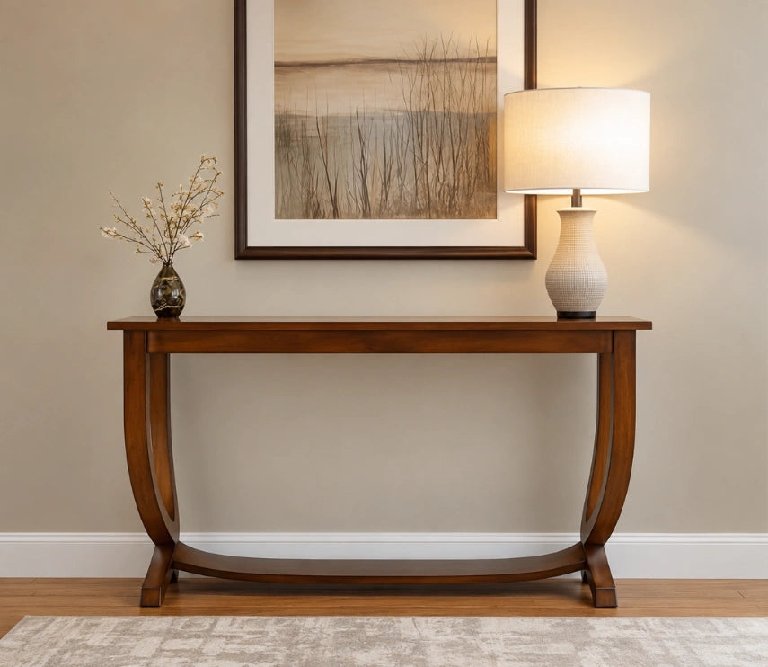 Urbane Crafts Solid Teak Wood Modern Crescent Console Table – Mid-Century Transitional Foyer Table with U-Shaped Curved Legs and Display Shelf